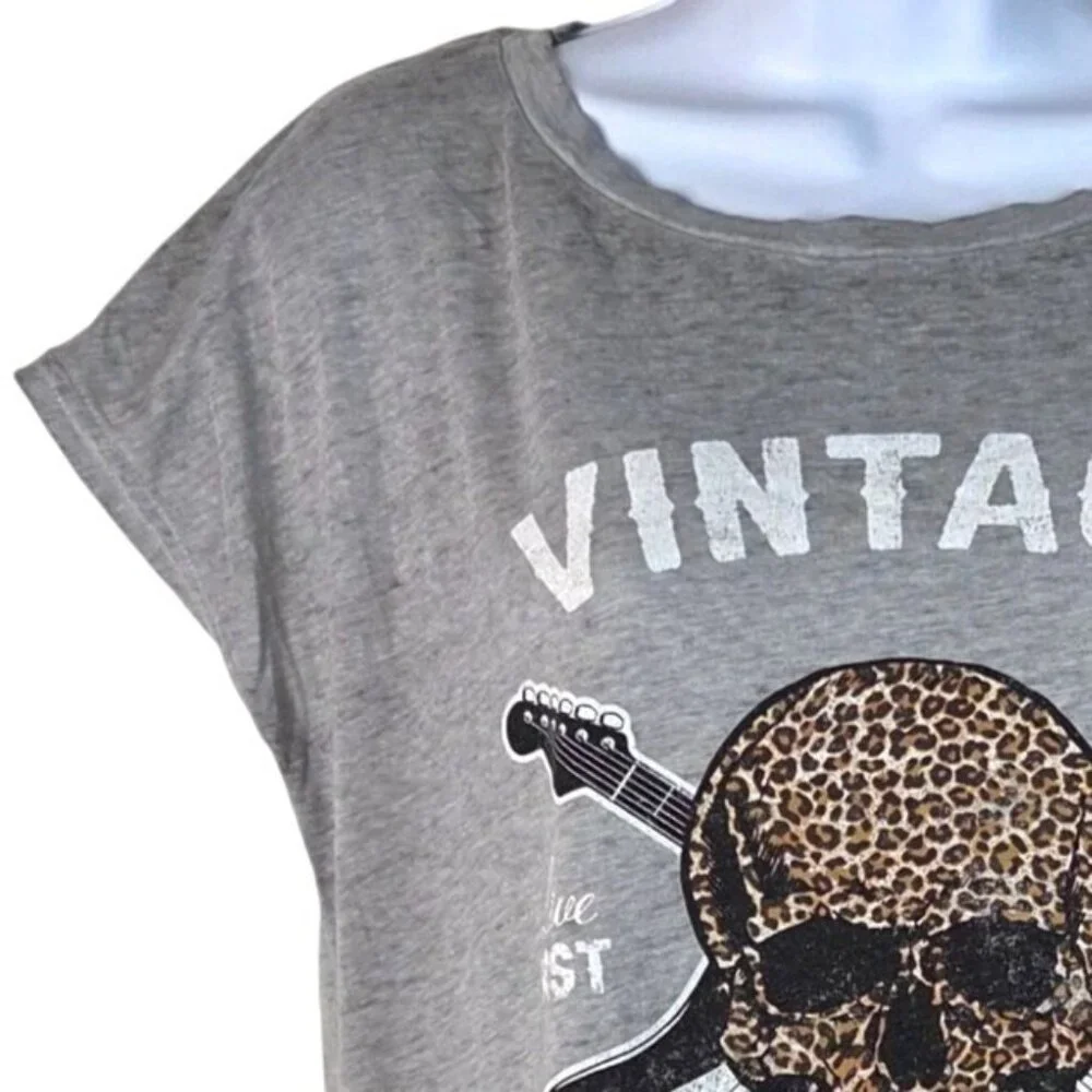 Wild Kiss Gray Vintage Rock & Roll Leopard Skull Graphic Tee Lace-Up Side Med - Picture 3 of 7